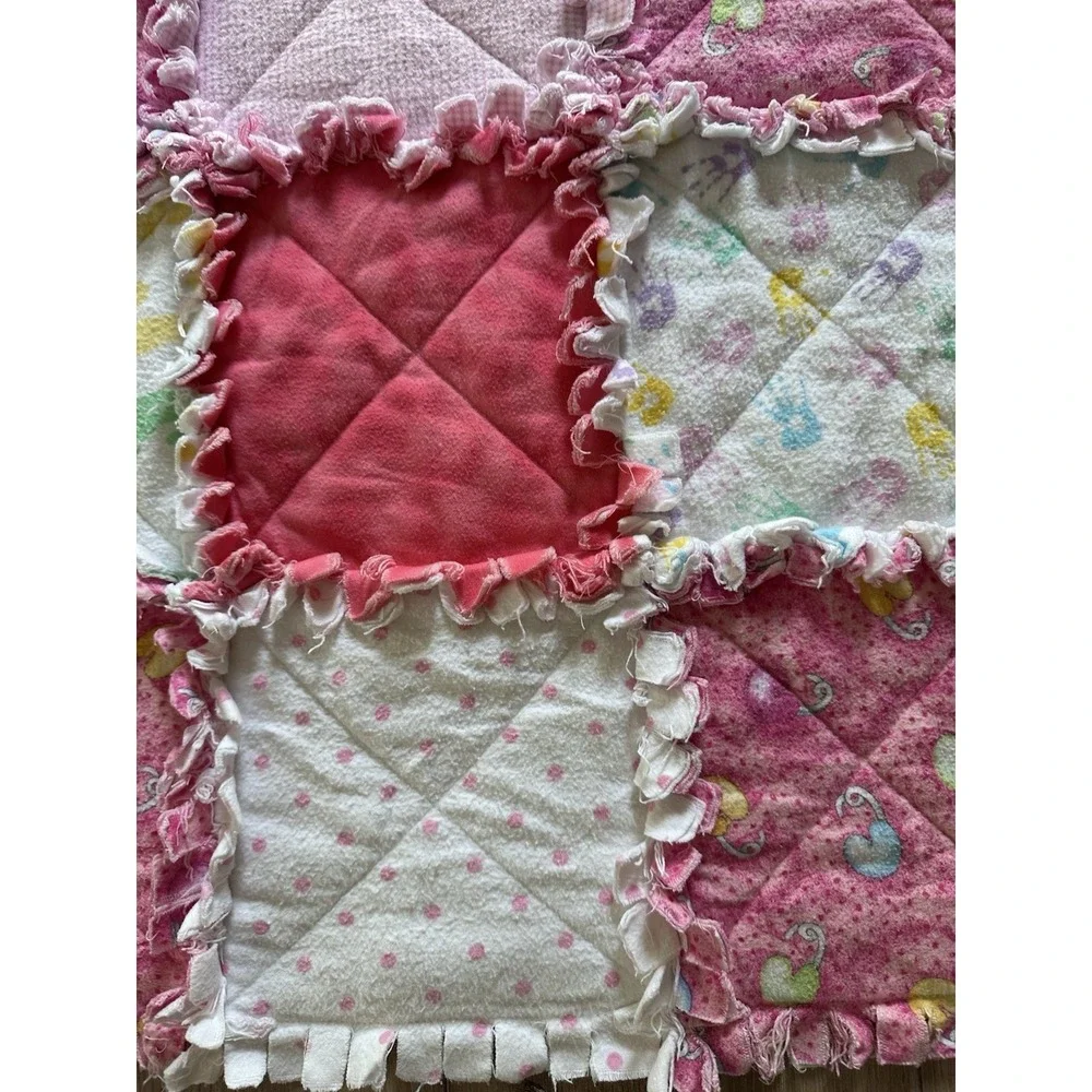 Handmade Baby Rag Quilt Blanket Pink Flannel Patchwork Lovey 35x50